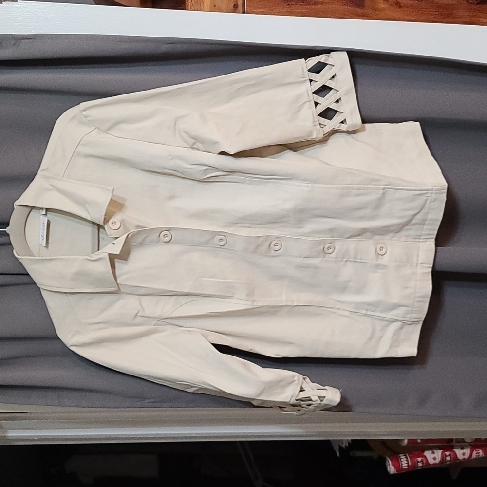 D&Co Denim & Company Womens Jacket Coat Light Tan Button-Up Pockets Sz S EUC